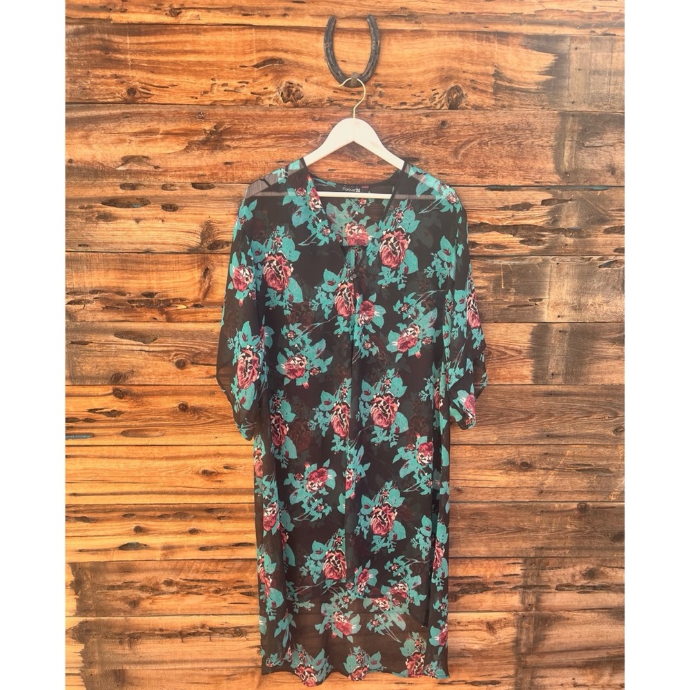 FOREVER 21 | Black Floral Hi-Low Cardigan Kimono S